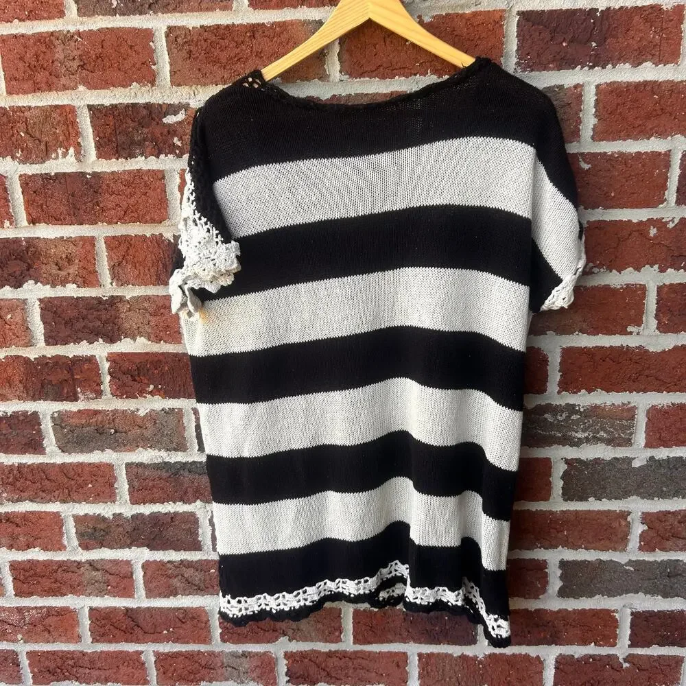 Free People Black White Crochet Stripe Sweater Tunic Size M